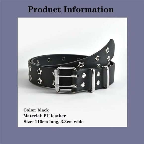 Gothic Star Rivet PU Leather Belt Double Buckle Y2K Studded Jeans Belt - Picture 3 of 7